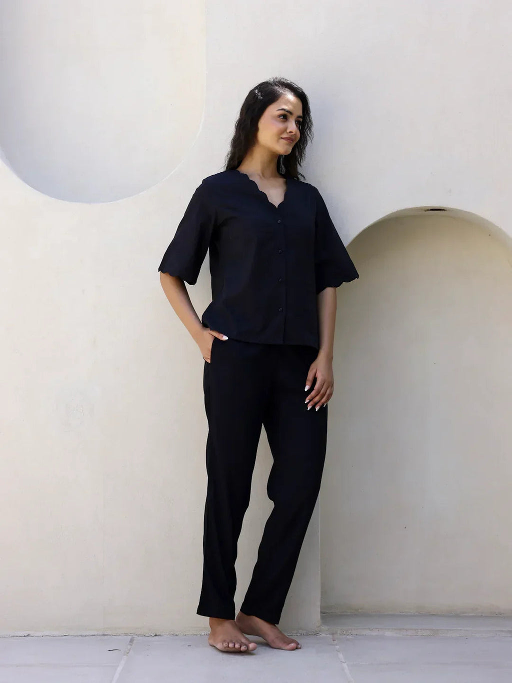 Black Cotton Night Suit with Pant - SanskrutiHomes 