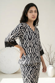 Black V-Neck Geometric Print Cotton Night Suit For Women