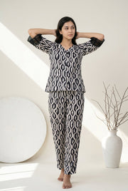 Black V-Neck Geometric Print Cotton Night Suit For Women