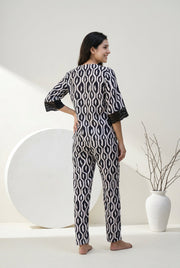 Black V-Neck Geometric Print Cotton Night Suit For Women
