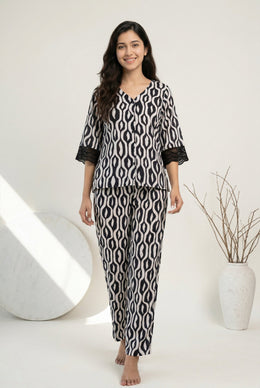Black V-Neck Geometric Print Cotton Night Suit For Women