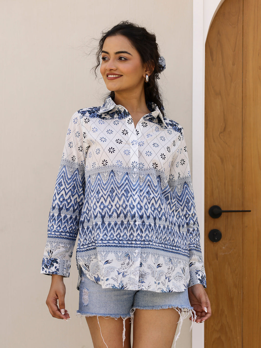 Pure Cotton Geometric Printed Shirt for Women - SanskrutiHomes 