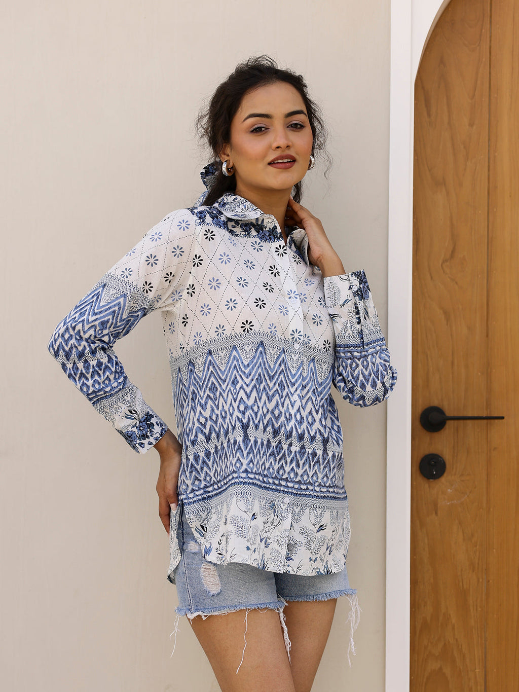 Pure Cotton Geometric Printed Shirt for Women - SanskrutiHomes 