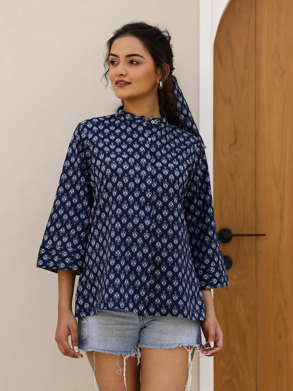 Pure Cotton Printed Blue top for Women - SanskrutiHomes 