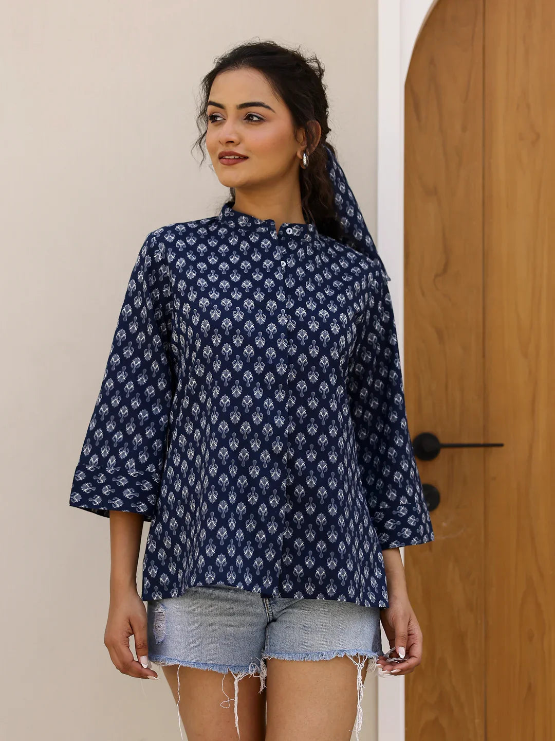 Pure Cotton Printed Blue top for Women - SanskrutiHomes 