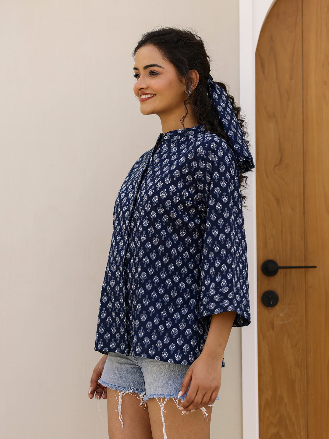 Pure Cotton Printed Blue top for Women - SanskrutiHomes 