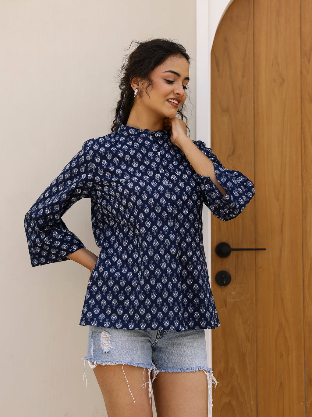 Pure Cotton Printed Blue top for Women - SanskrutiHomes 