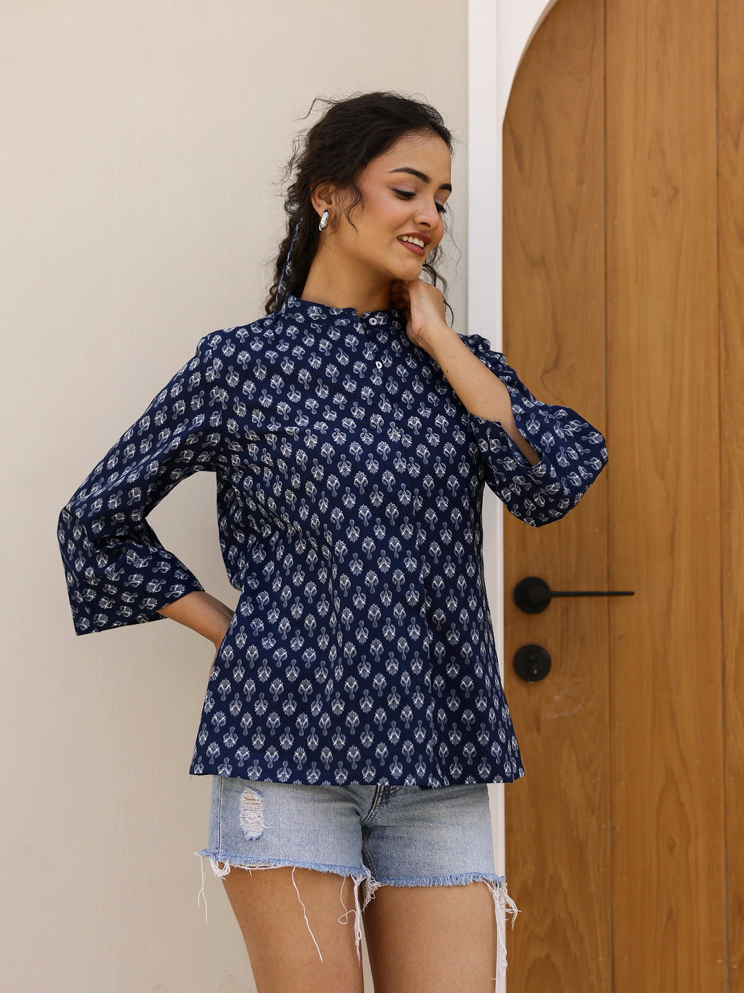 Pure Cotton Printed Blue top for Women - SanskrutiHomes 