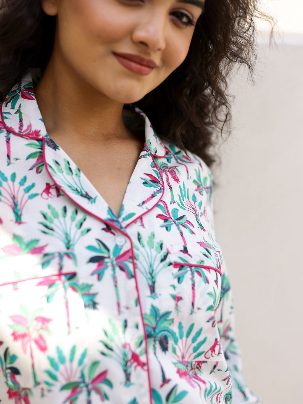 White Palm Shirt & Shorts Night Suit Set - SanskrutiHomes 