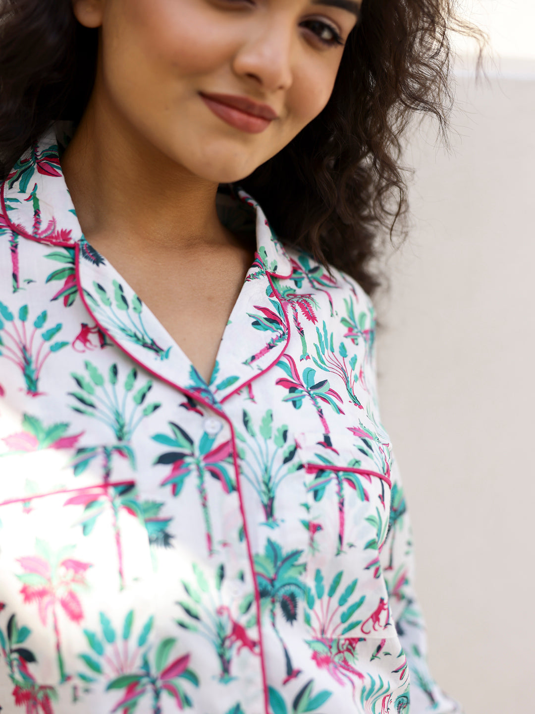 White Palm Shirt & Shorts Night Suit Set - SanskrutiHomes 