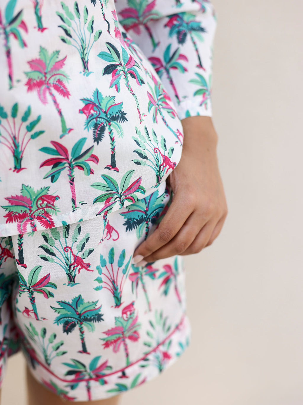 White Palm Shirt & Shorts Night Suit Set - SanskrutiHomes 