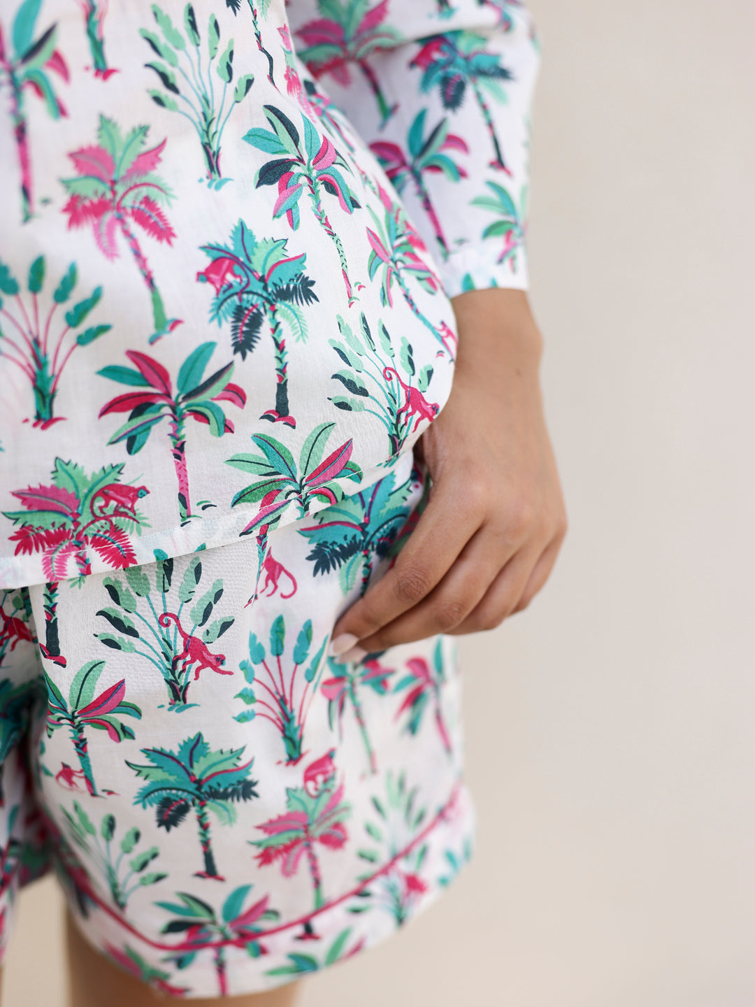 White Palm Shirt & Shorts Night Suit Set - SanskrutiHomes 