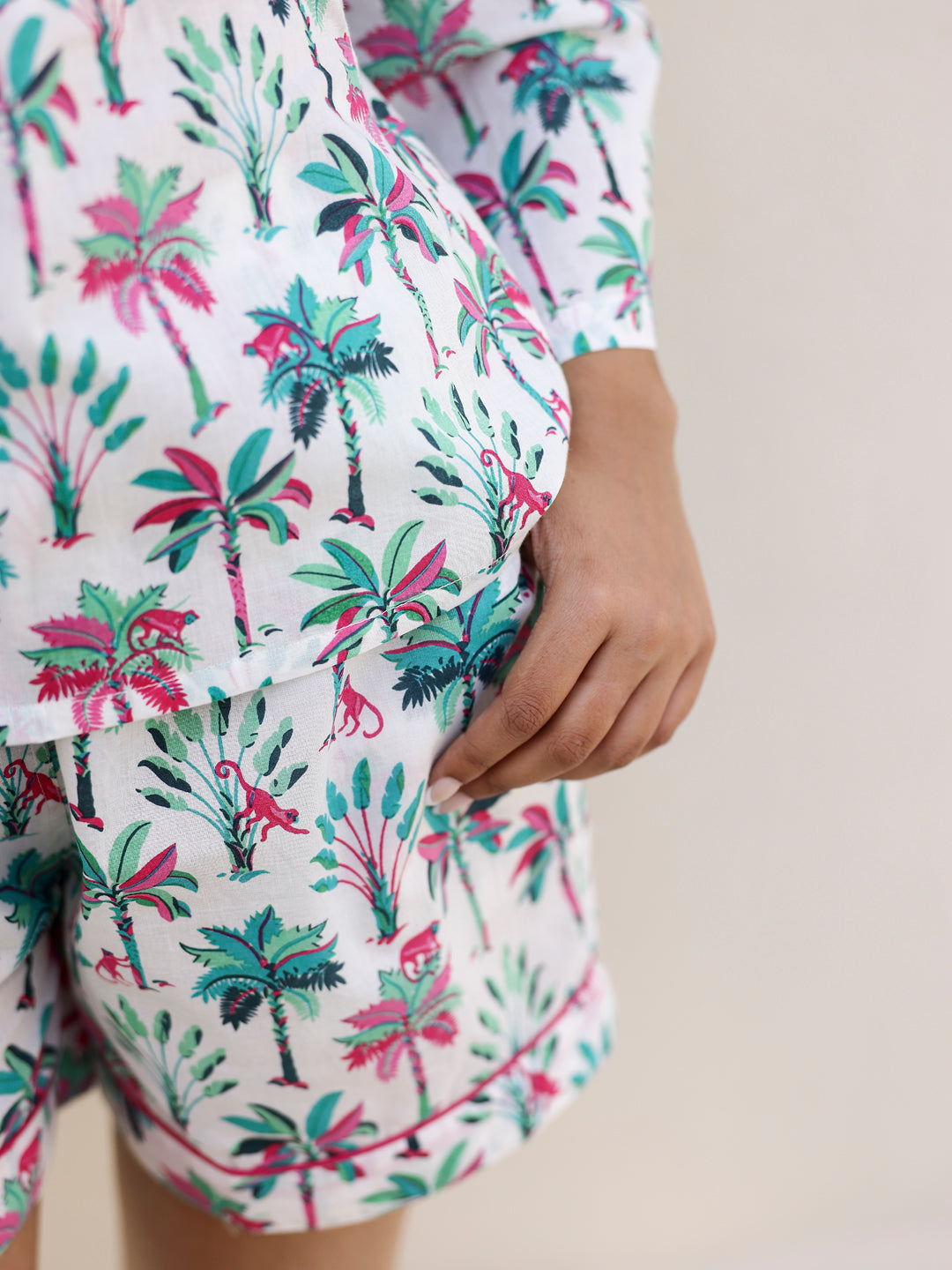 White Palm Shirt & Shorts Night Suit Set - SanskrutiHomes 