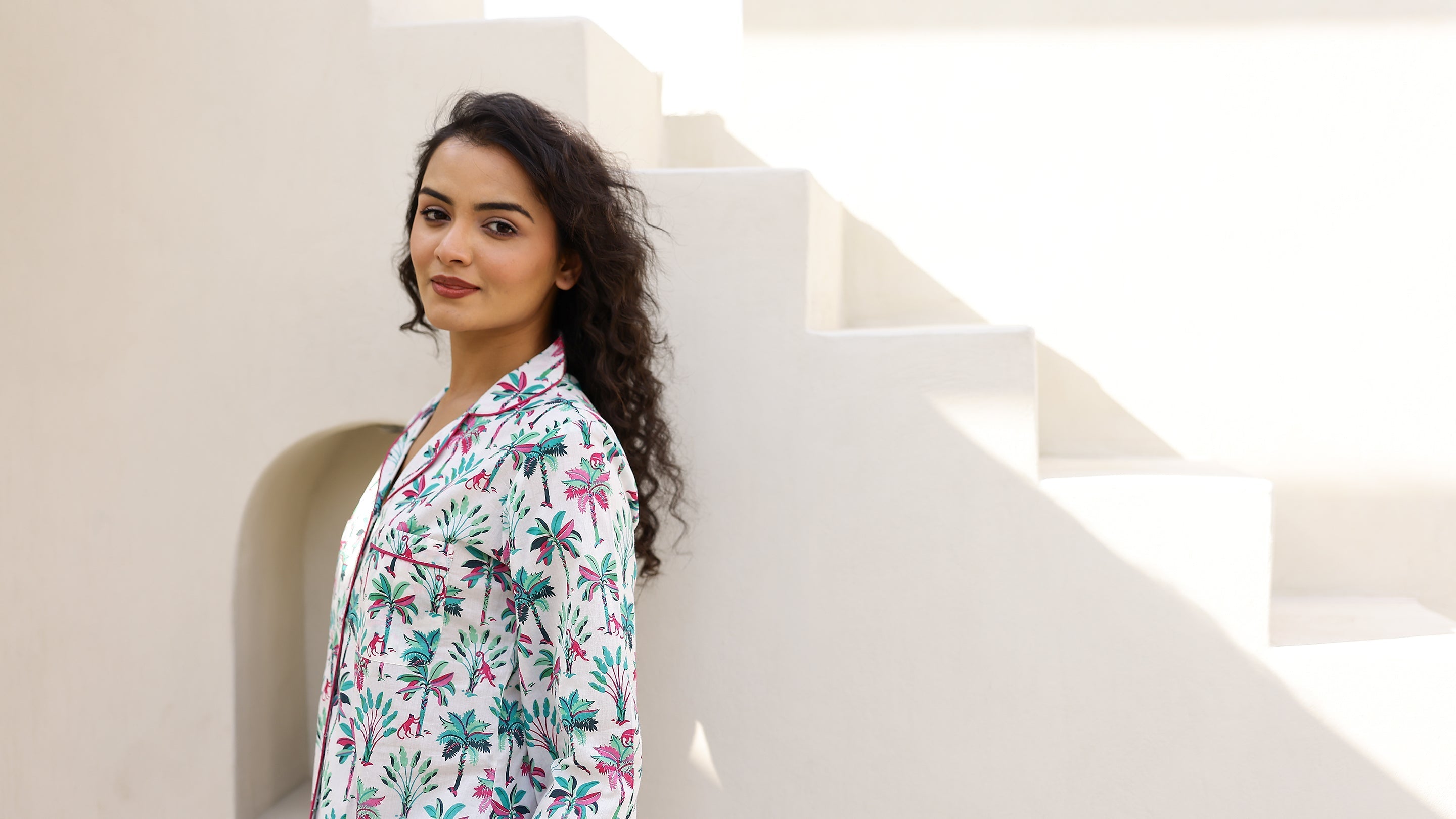 White Palm Shirt & Shorts Night Suit Set - SanskrutiHomes 