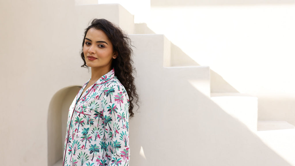 White Palm Shirt & Shorts Night Suit Set - SanskrutiHomes 