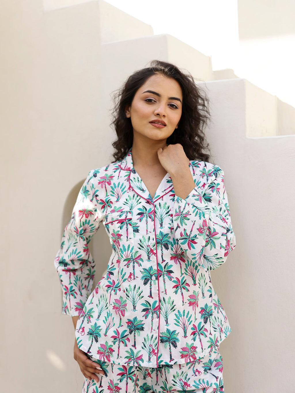 White Palm Shirt & Shorts Night Suit Set - SanskrutiHomes 