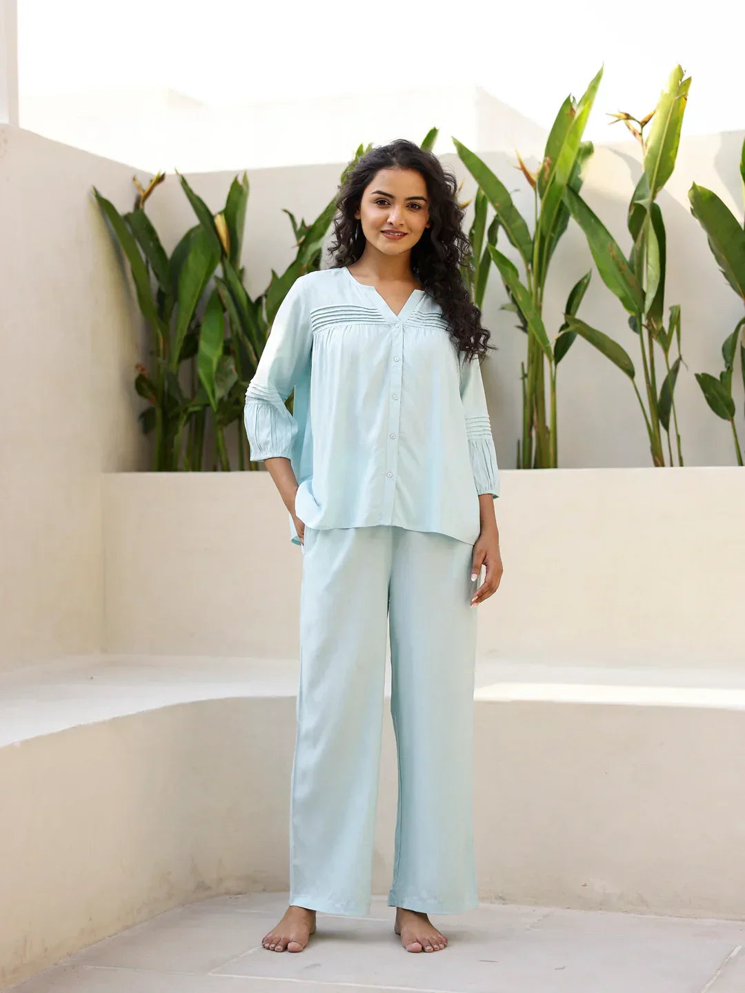 Blue Solid Mandarin Collar Cotton Night Suit For Women