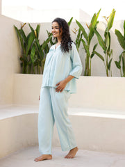 Blue Solid Mandarin Collar Cotton Night Suit For Women