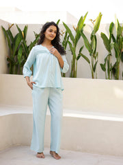 Blue Solid Mandarin Collar Cotton Night Suit For Women