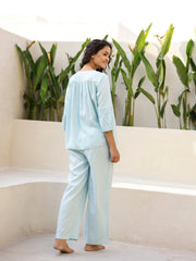 Blue Solid Mandarin Collar Cotton Night Suit For Women