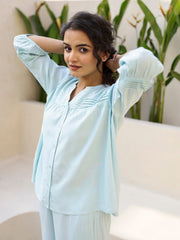Blue Solid Mandarin Collar Cotton Night Suit For Women