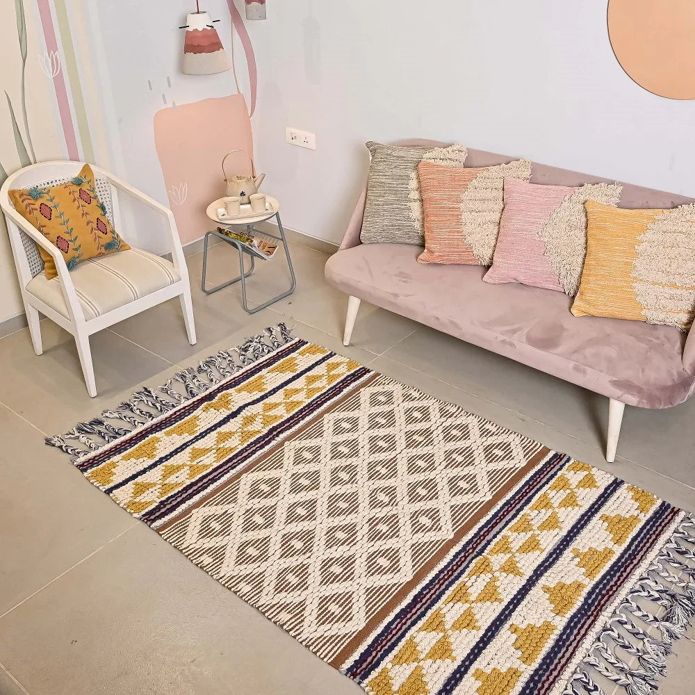 Hand-weaved 100% Cotton woven Multi-color Rug - SanskrutiHomes 