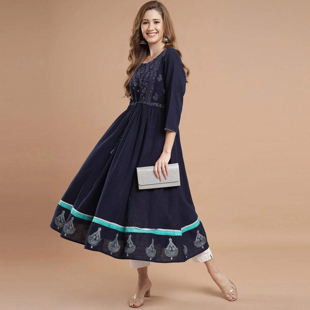 RANGDEEP NAVY BLUE COTTON WOMEN'S ANARKALI KURTA - SanskrutiHomes 