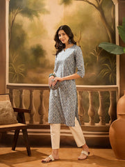Grey Color Screen Print Cotton Kurta for Women - SanskrutiHomes 
