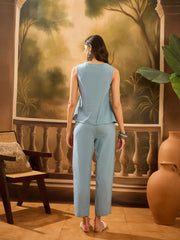 Blue Round Neck Pure Cotton Embroidered Co-Ords Set For Women