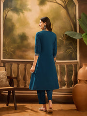 Teal Pure Cotton V-Neck Kurta Set For Women - SanskrutiHomes 