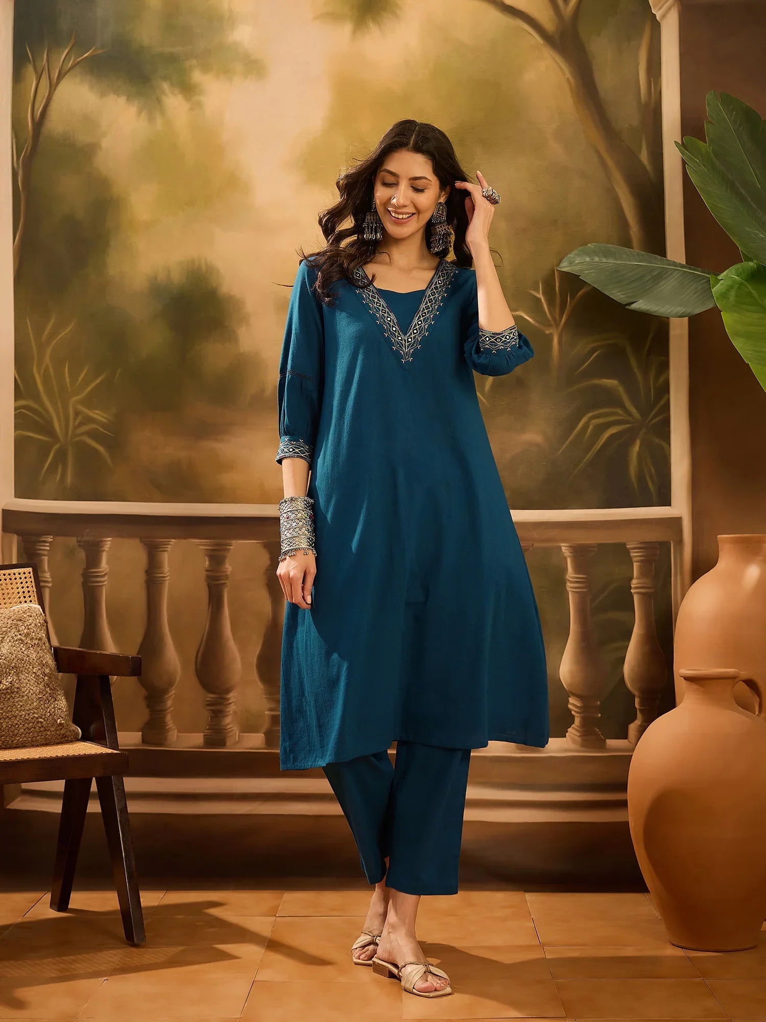 Teal Pure Cotton V-Neck Kurta Set For Women - SanskrutiHomes 