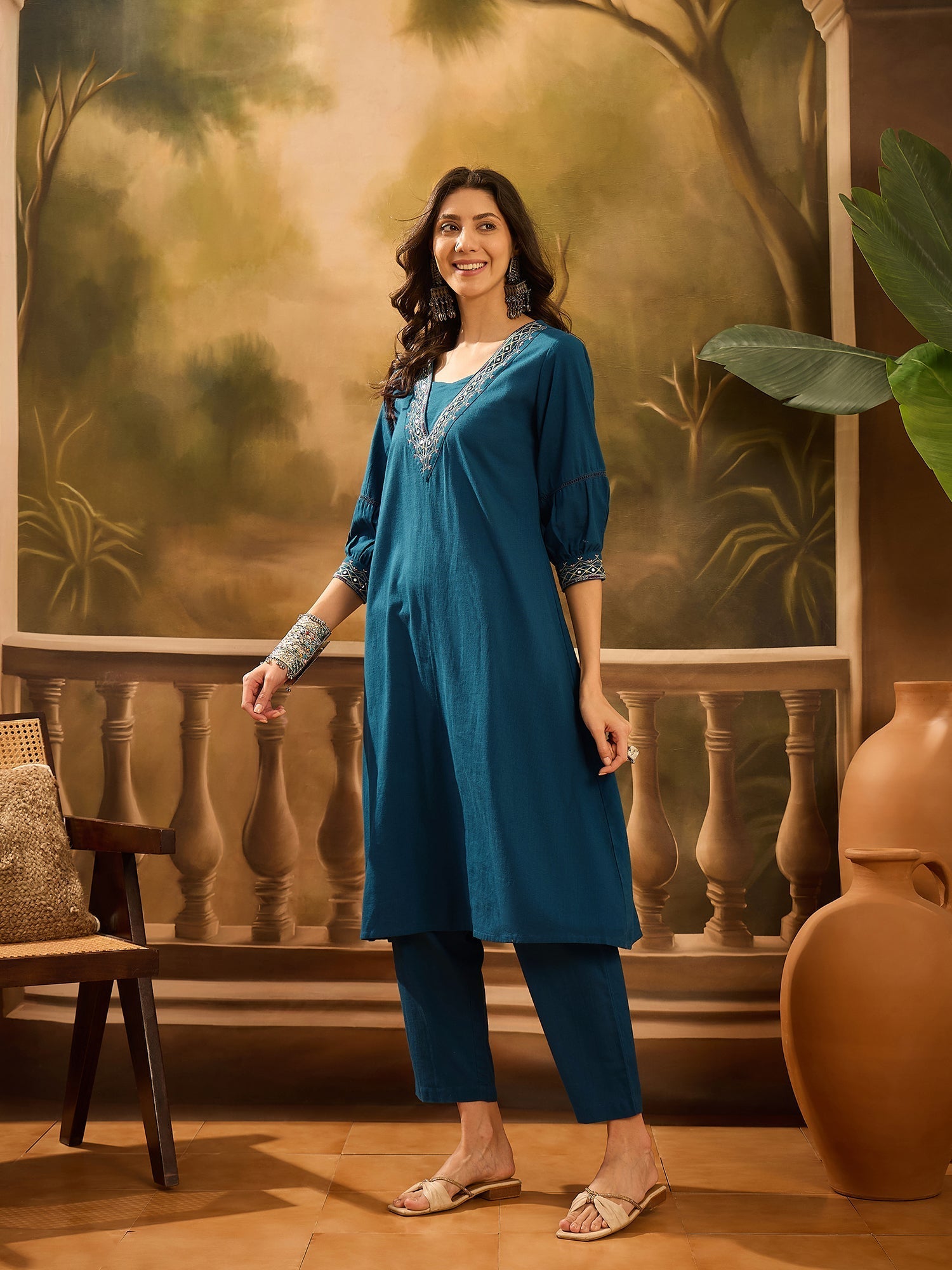 Teal Pure Cotton V-Neck Kurta Set For Women - SanskrutiHomes 