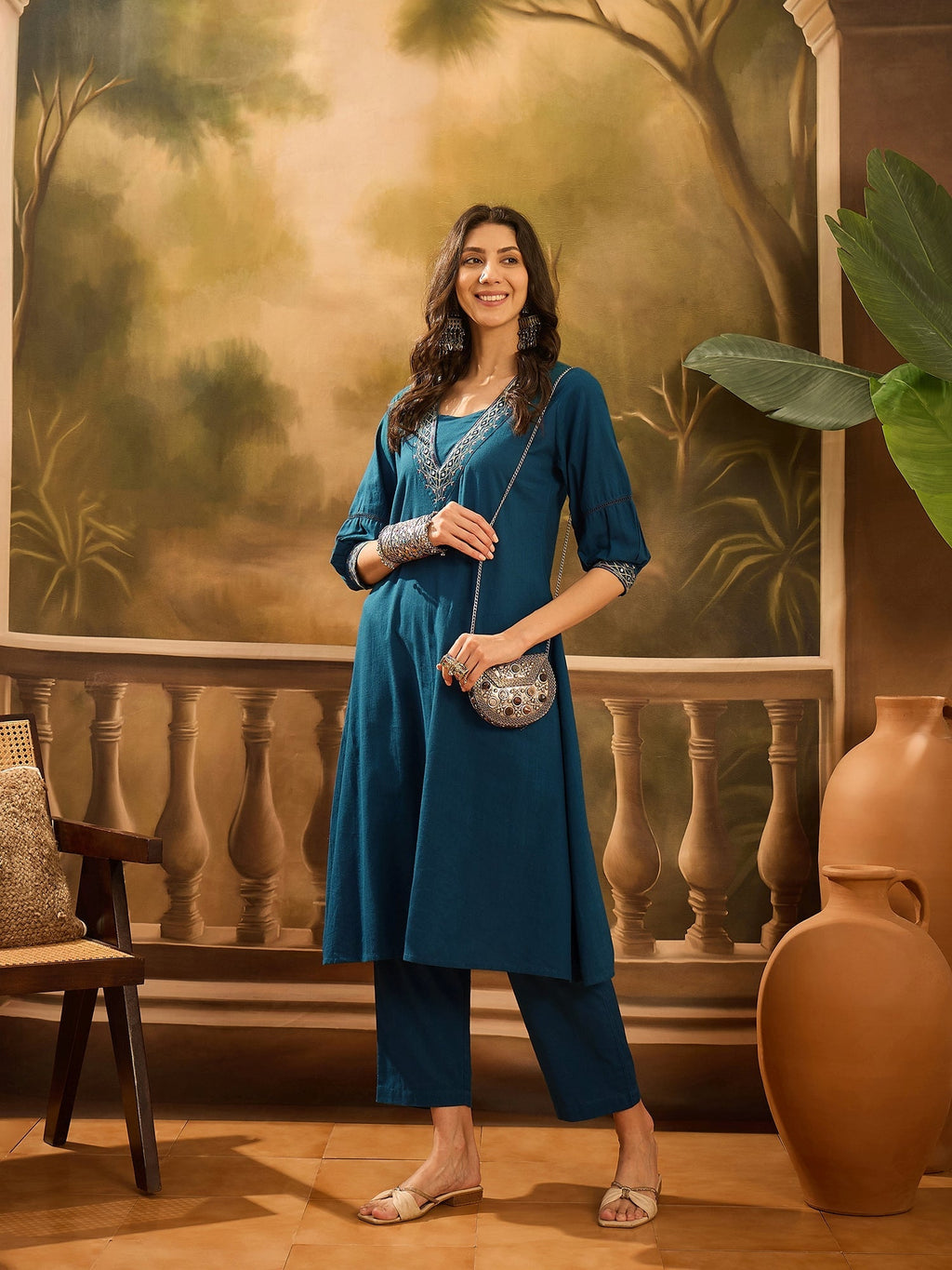 Teal Pure Cotton V-Neck Kurta Set For Women - SanskrutiHomes 