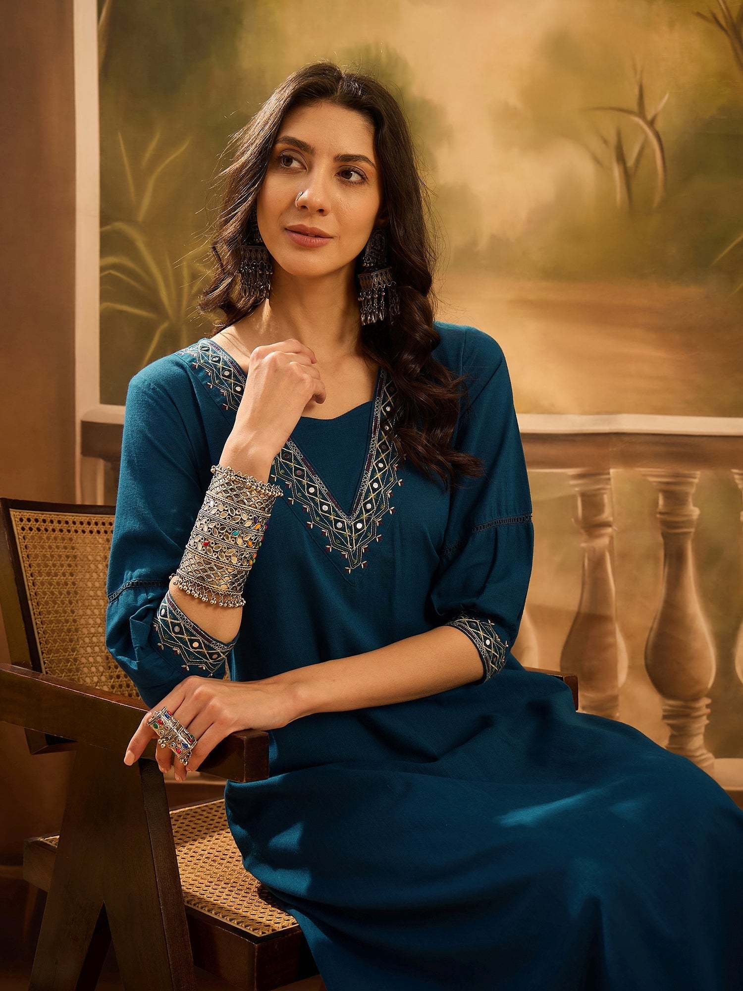 Teal Pure Cotton V-Neck Kurta Set For Women - SanskrutiHomes 