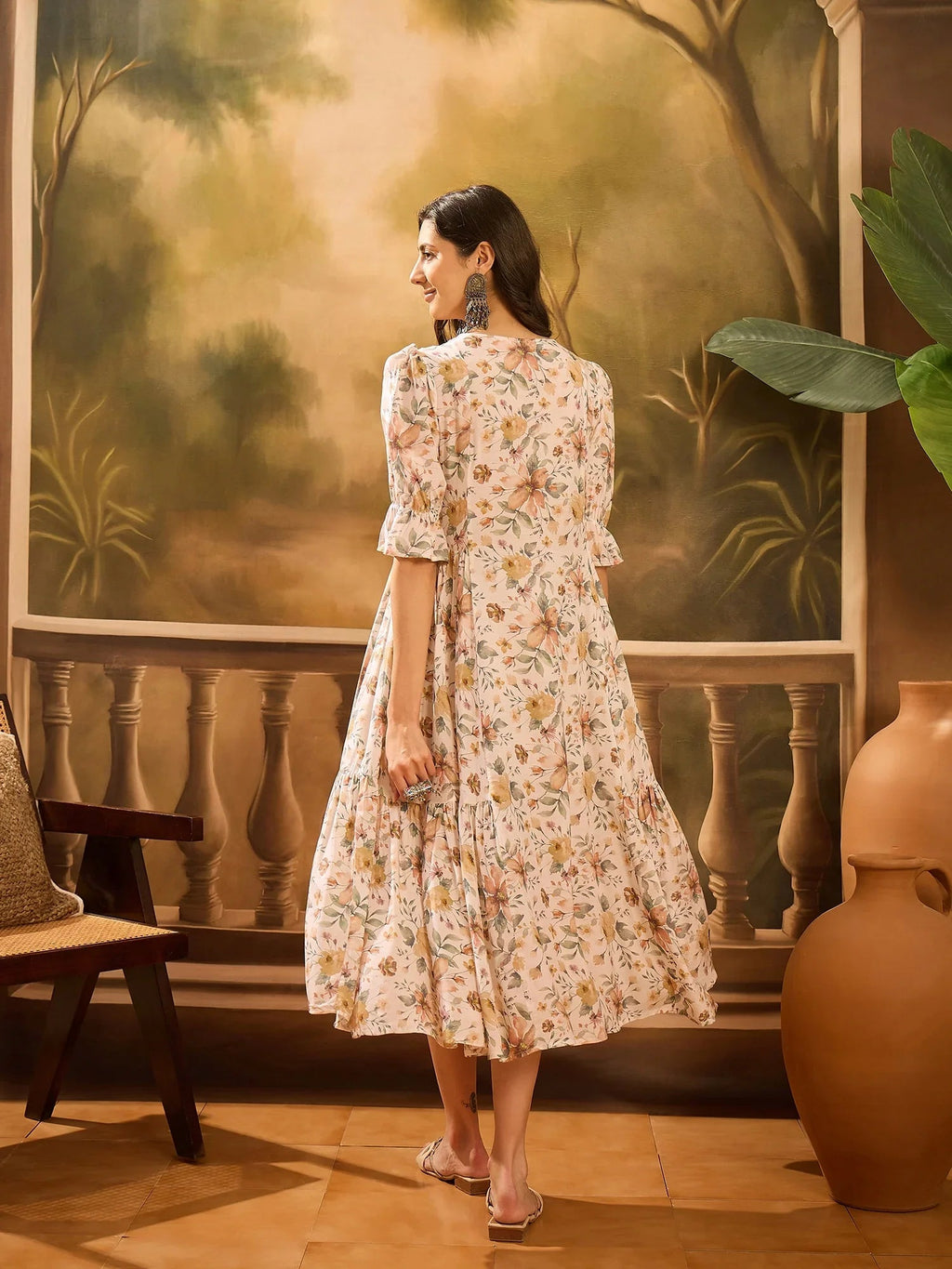 Off White Floral Printed Silk Blend Dress for Women - SanskrutiHomes 