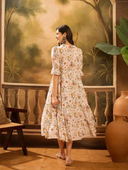 Off White Floral Printed Silk Blend Dress for Women - SanskrutiHomes 