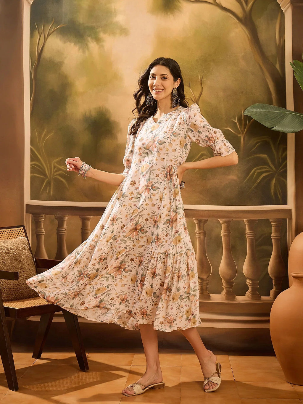 Off White Floral Printed Silk Blend Dress for Women - SanskrutiHomes 