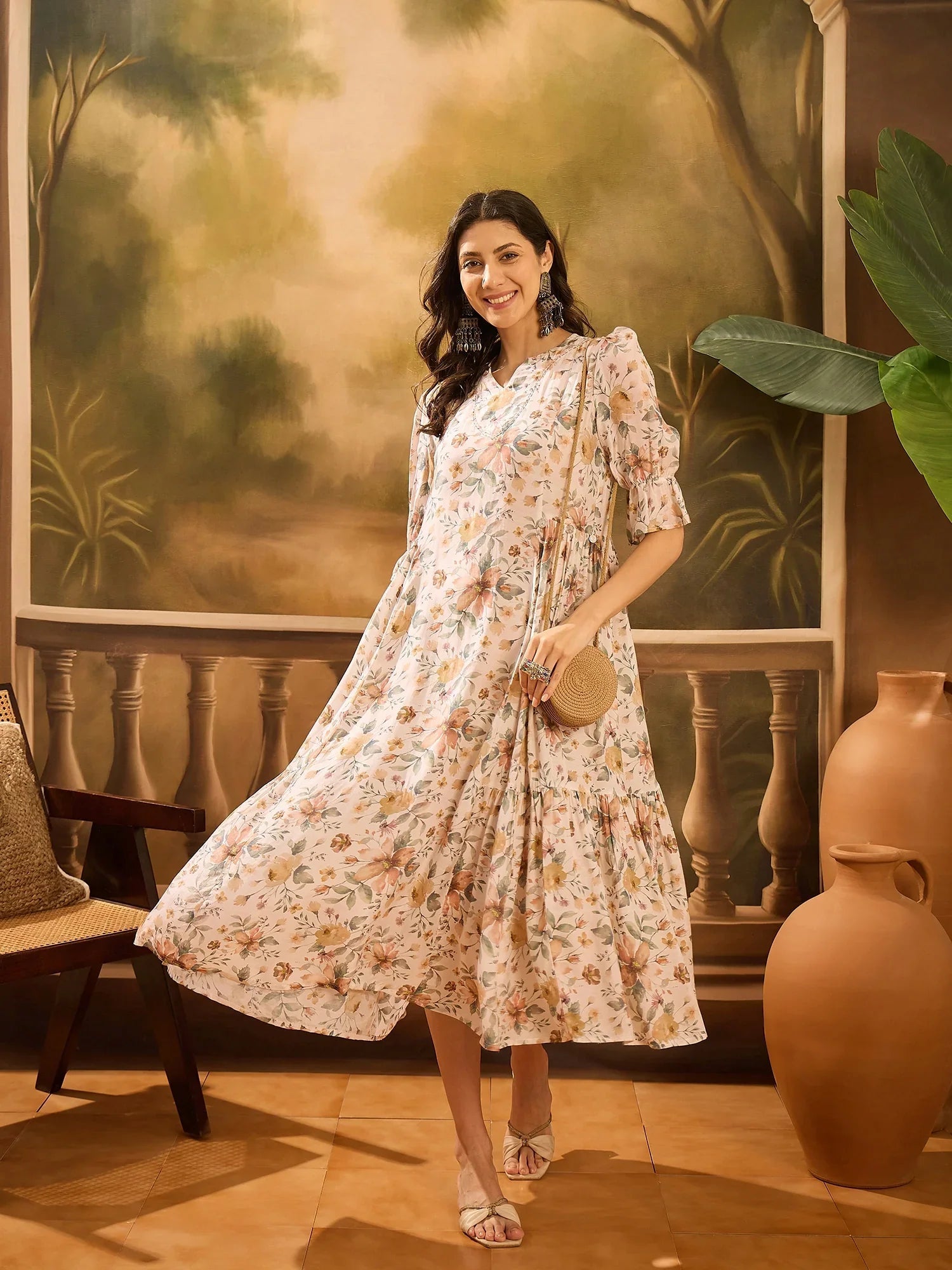 Off White Floral Printed Silk Blend Dress for Women - SanskrutiHomes 