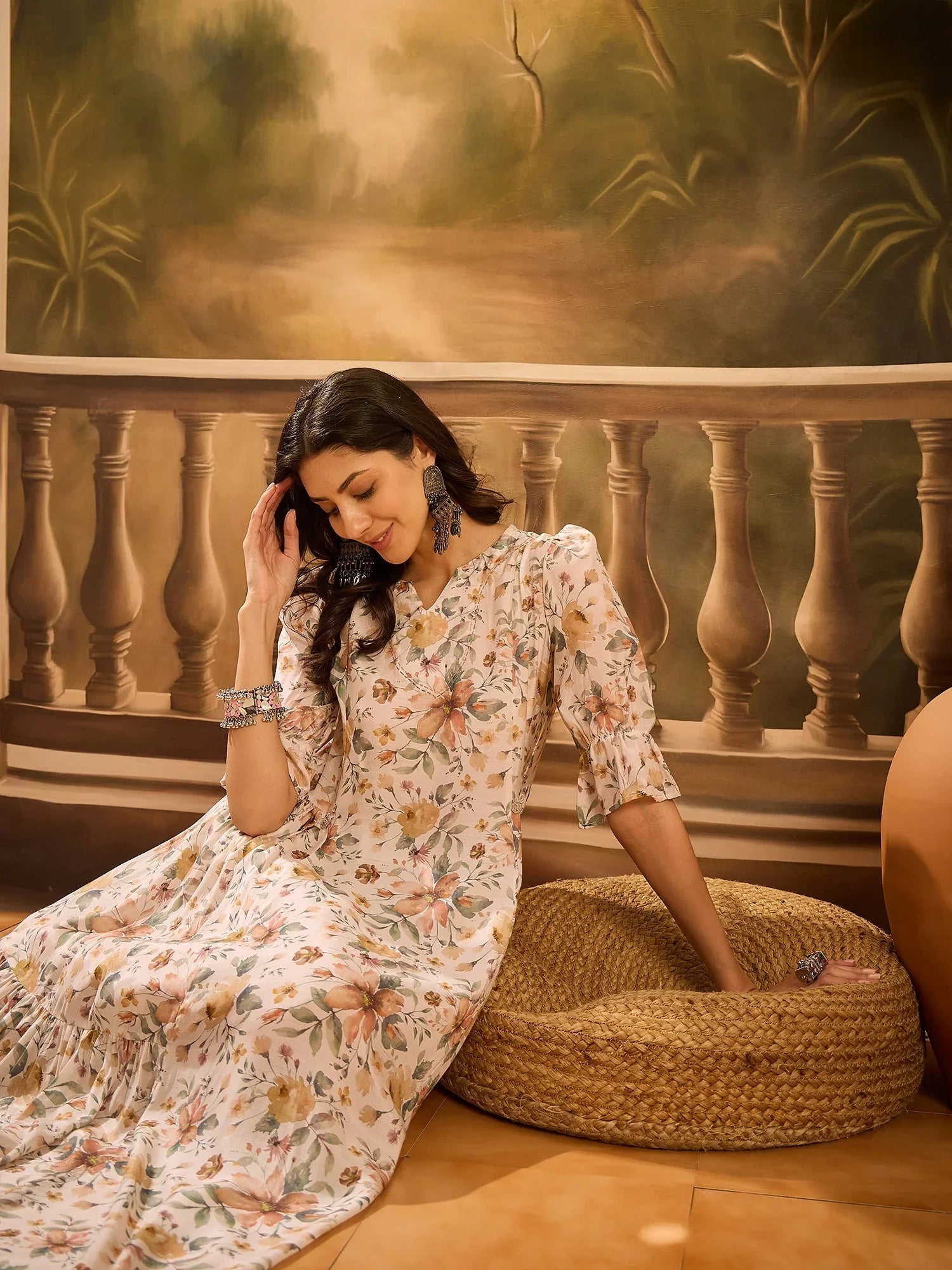 Off White Floral Printed Silk Blend Dress for Women - SanskrutiHomes 