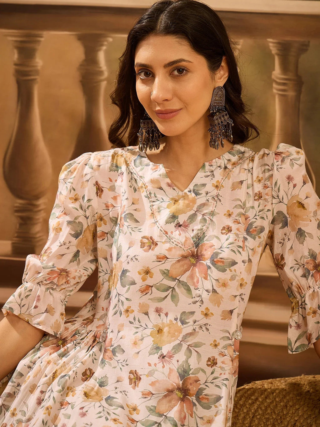 Off White Floral Printed Silk Blend Dress for Women - SanskrutiHomes 