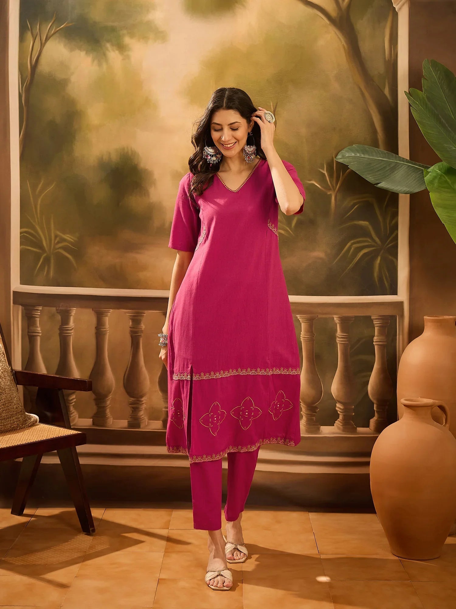 Maroon Pure Cotton V-Neck Kurta Set For Women - SanskrutiHomes 