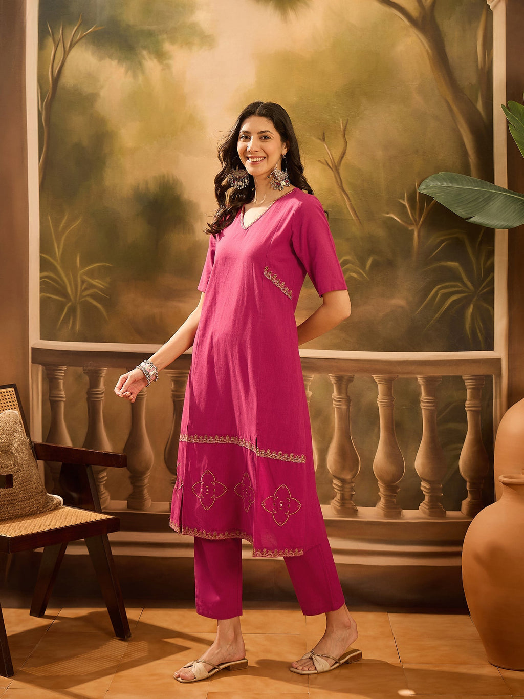 Maroon Pure Cotton V-Neck Kurta Set For Women - SanskrutiHomes 