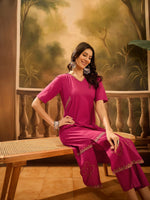Maroon Pure Cotton V-Neck Kurta Set For Women - SanskrutiHomes 