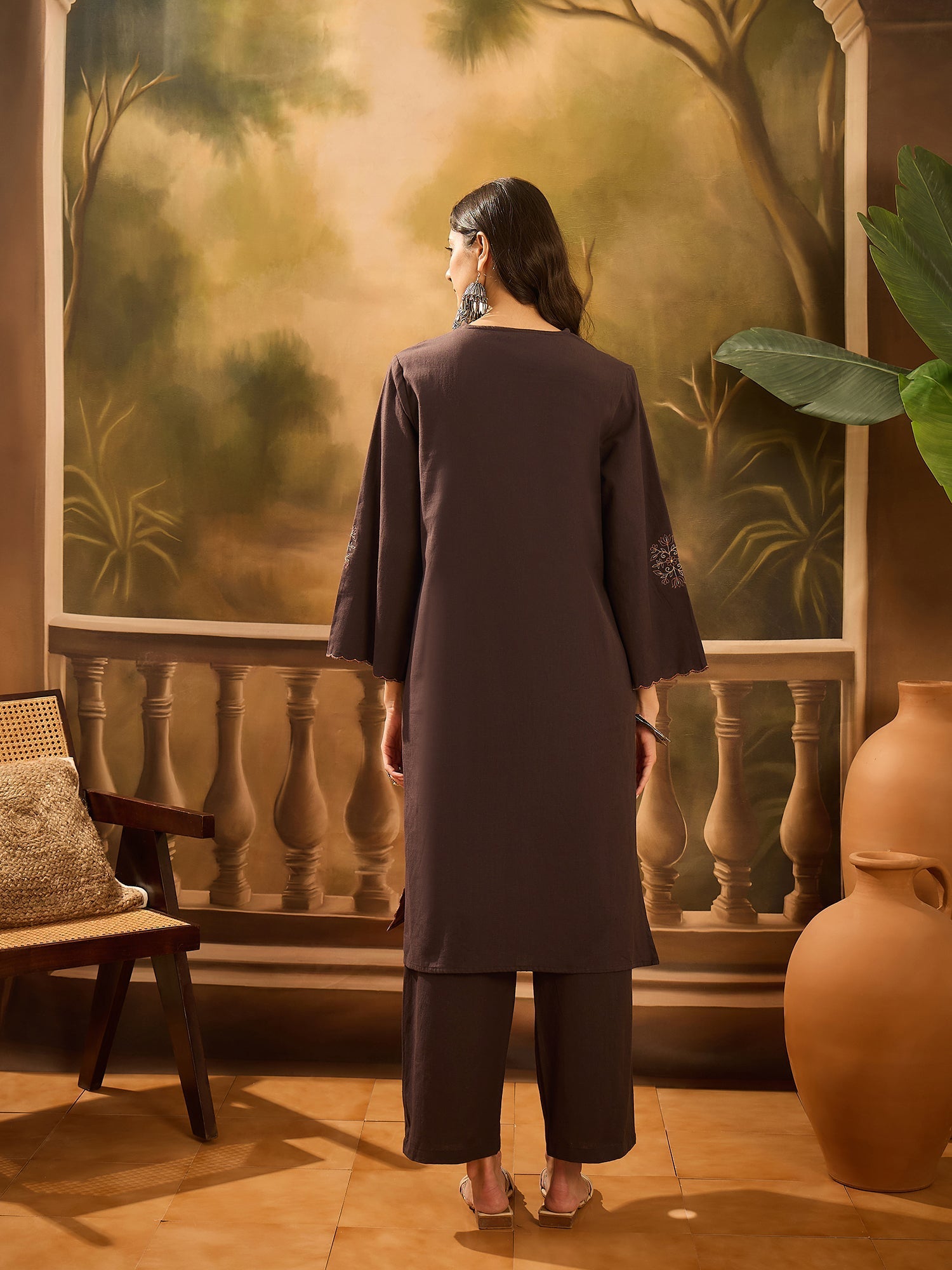 Brown V-Neck Solid Cotton Kurta Set for Women - SanskrutiHomes 