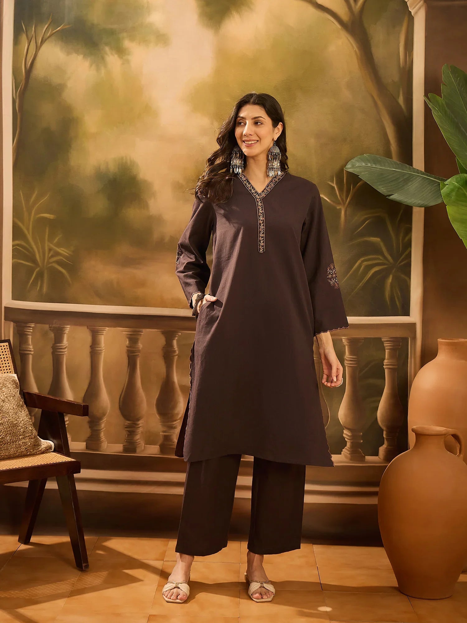 Brown V-Neck Solid Cotton Kurta Set for Women - SanskrutiHomes 