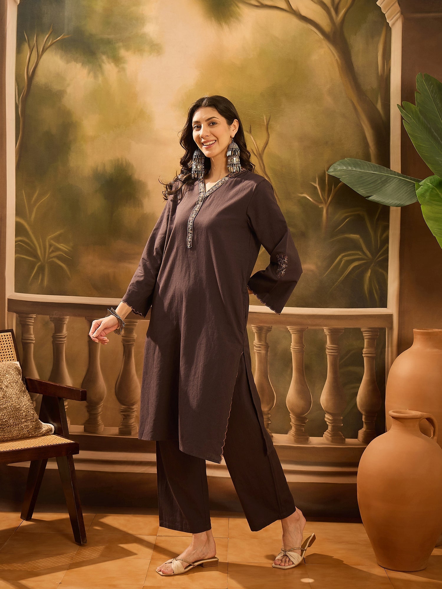 Brown V-Neck Solid Cotton Kurta Set for Women - SanskrutiHomes 