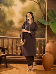 Brown V-Neck Solid Cotton Kurta Set for Women - SanskrutiHomes 