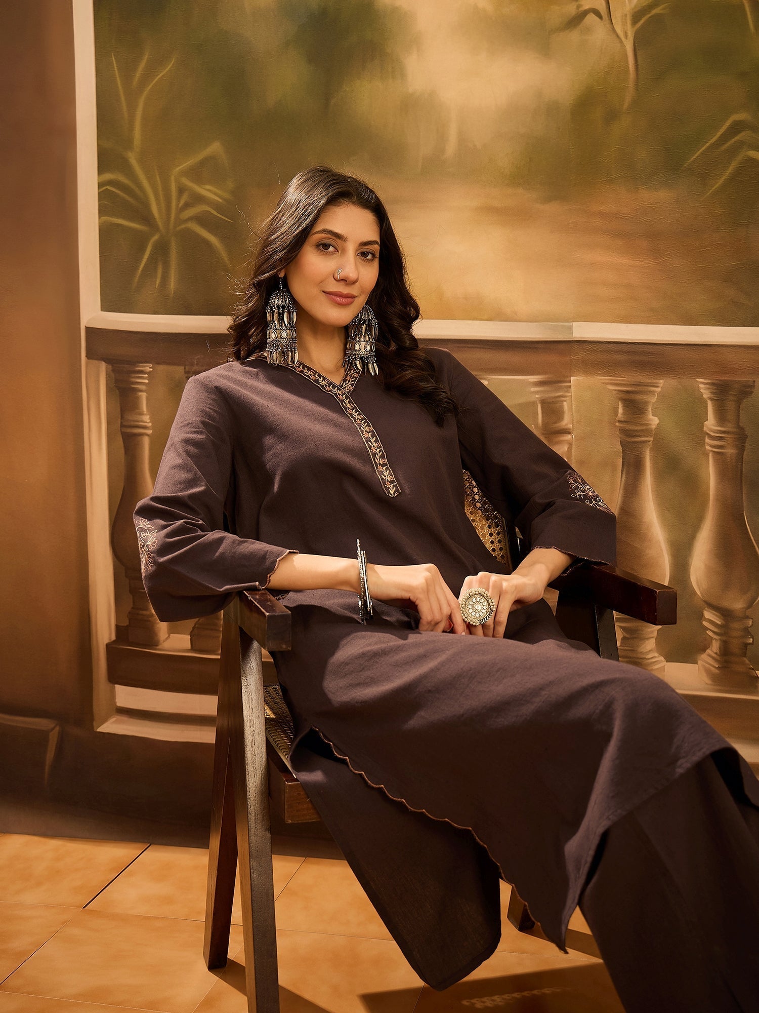 Brown V-Neck Solid Cotton Kurta Set for Women - SanskrutiHomes 