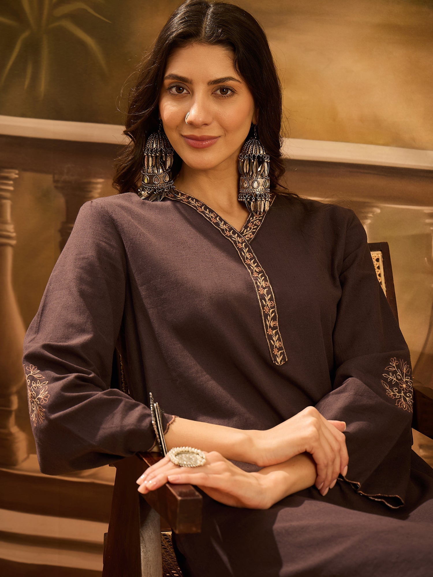 Brown V-Neck Solid Cotton Kurta Set for Women - SanskrutiHomes 