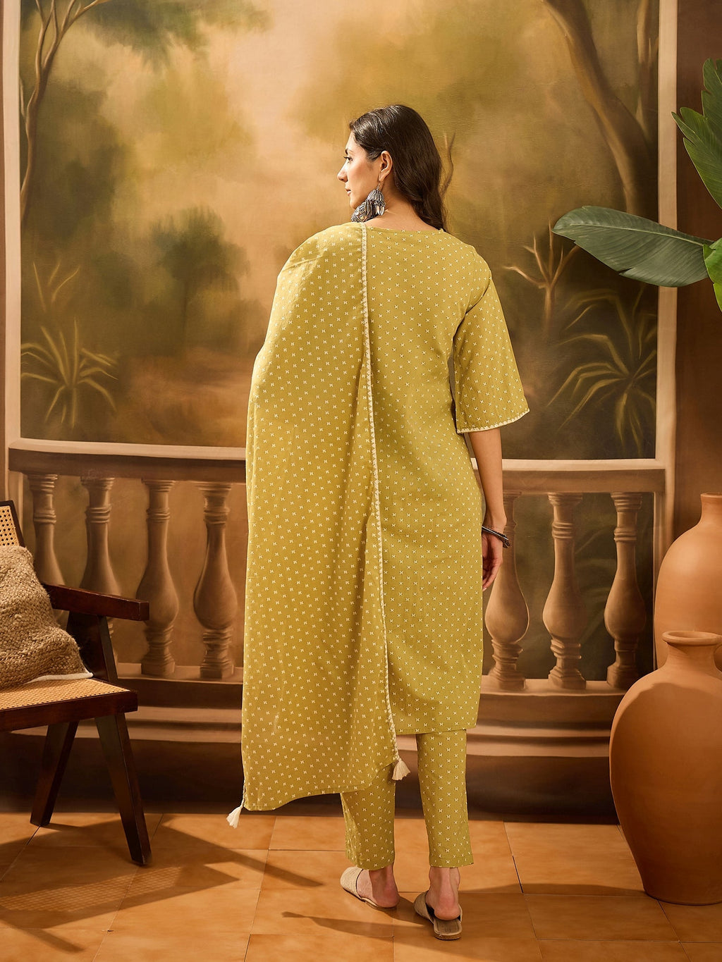 Lime Green Pure Cotton V-Neck Kurta Set For Women - SanskrutiHomes 